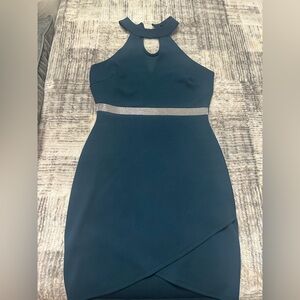 Elegant Teal Halter Dress with Silver Accent